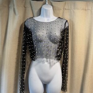 NWT Harper & Ivy Womens Cropped Layering Top Black All Over Beaded Sheer Mesh XS
